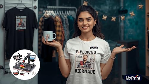 Image of MY PRINT | Heat Press 5 in 1 Digital Multi Functional | DTF PRINTING | Sublimation Printing | Vinyl Printing Machine for T-Shirts [Any Flat Product] with Cap Press, Plate Press, 11Oz Mug Press, with extra Mug Attachment | 12x15 Inch | For Business Supplies [Teflon Attached]