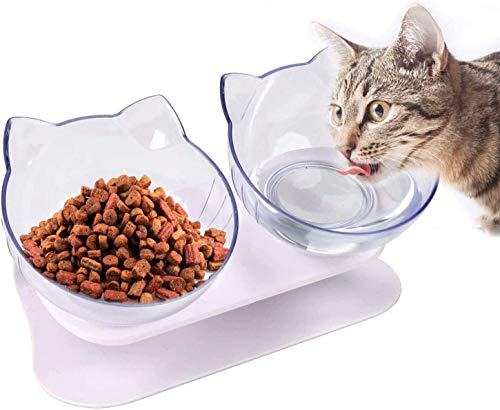 DOHAPPYS Doppelter Katzennapf mit erhöhtem Ständer, 15° geneigt, rutschfest, Katzenfutter und Wassernapf, schützt Haustiere Halswirbelsäule, abnehmbarer Futternapf für Katzen und kleine Hunde Cover