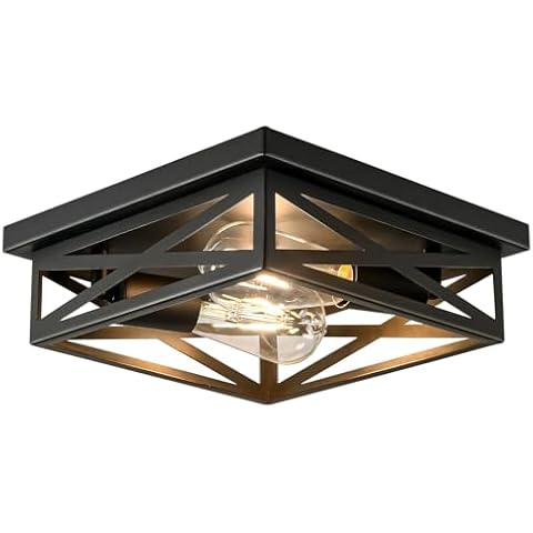Eidonta Farmhouse 2-Light Semi Flush Mount Ceiling Light Fixture, Modern Metal Cage Black Square Close to Ceiling Lamp, E26 Base Chandelier Ceiling Mount, Pendant Lighting for Hallway Kitchen Bedroom Cover