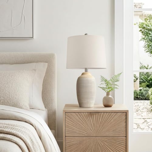 Image of 24.5 inch Ceramic Table Lamp for Living Room with Pre-Attached Shade | Single Beige Bedside Lamps, Hand-Textured Farmhouse Vintage Table Lamps for Bedroom Nightstands, Rustic Home Decor, 5FT Cord