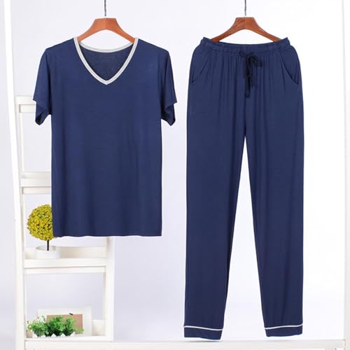 Men's Modal Casual Pajamas Set, Short Sleeve V-Neck Loose Sleepwear and Lightweight Drawstring Pants with Pockets2