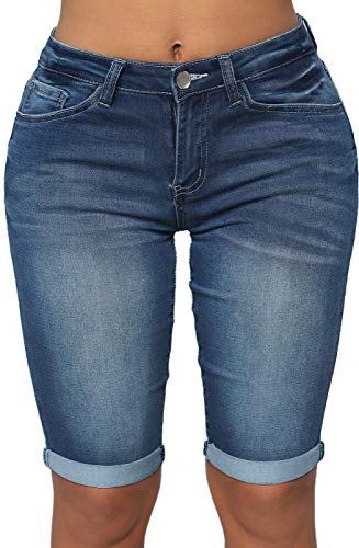 roswear Womens Mid Rise Roll Cuff Bermuda Stretch Denim Jean Shorts Blue Large