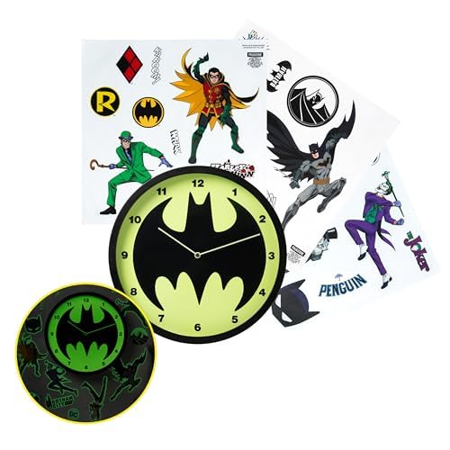 Paladone Batman Glow in The Dark Wall Clock with Decals, Officially Licensed DC Comics Superhero Home Décor for Kids, Teens and Adults, Battery Powered