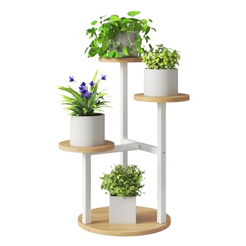 IBUYKE 4 Niveles Estanteria para Plantas de Madera, Soporte Plantas Interior de 52.5cm de Alto para Múltiples Plantas, Pequeña Soporte Macetas para Plantas para Jardín Interior Balcón, Blanco TMJ073R