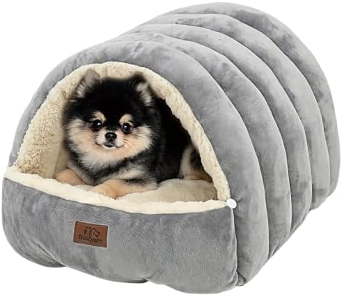 Noocyarn Covered Cat Bed Cave for Indoor Cats, 2-in-1 Enclosed Pet Bed for Small Dogs and Kittens with Zippered Washable Cat Mats, Cat House Bed, Grey