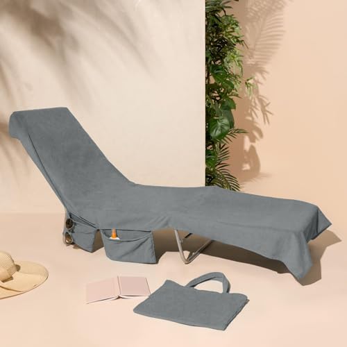 Brentfords Sun Lounger Towels with Pockets Microfibre Large Beach Towel in a Bag Sunbed Towel Holiday Accessories Swimming Pool Quick Dry Beach Towels Summer Essentials Charcoal Grey 215x75cm