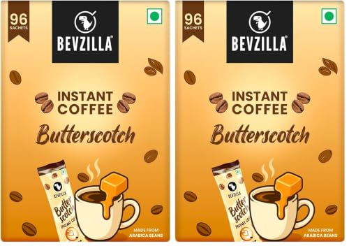 Image of Bevzilla 96 Instant Coffee Powder Sachets (Butterscotch) - 192 Grams| Hot & Cold Coffee| Makes 96 Cups| Arabica Coffee| Best For Espresso, Latte, Cappuccino (Pack of 2)