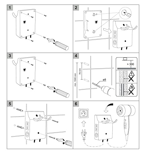 QL Asciugacapelli da Parete con Supporto e Porta