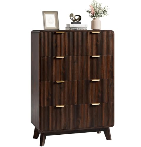 Image of QUW Fluted 5 Drawers Dresser for Bedroom, Modern 40.2 inch Tall Drawer Dressers with Metal Handle, Wooden Chest of Dresser for Living Room, Hallway, Solid Wood Legs, Curved Profile Design, Dark Walnut