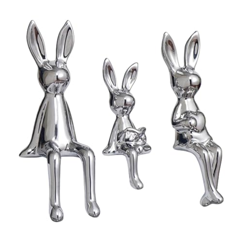 Statues de famille de lapin assis : lot de 3 sculptures dorées d'ornement maison