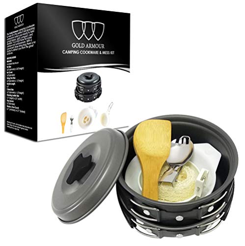 Gold Armour 10 Pieces Camping Cookware Mess Kit Backpacking Gear & Hiking Outdoors Bug Out Bag Cooking Equipment Cookset - Lightweight, Compact, Durable Pot Pan Bowls (Black) #TOP1