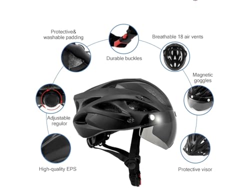 Image of Lista Adults Bike Bicycle Helmet Cycling /Climbing /MTB /BMX Adjustable with Removable Shield Visor /Safty Rear Led Light for Road Men&Women (Black)