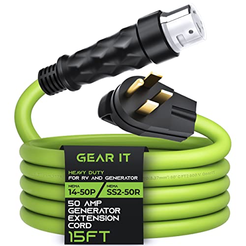 GEARit 50-Amp Generator Extension Cord, 125/250V for 50A Power Inlet Box, NEMA 14-50P to SS2-50R Twist Lock Connector STW 6/3+8/1 AWG, RV, Camper, Generator to House, 15 Feet (4.5 Meters)