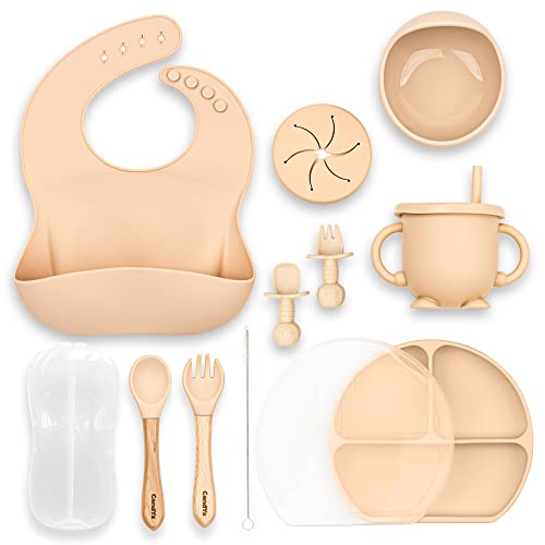 Silicone Baby Feeding Set–11Pcs Baby Feeding Supplies with Suction Bowls and Plates, Fork, Spoon, Bib, Sippy Cup, Food-Grade Silicone Baby Led Weaning Supplies Baby Utensils (Beige)