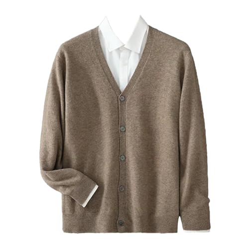 Men's V Neck Cardigan Sweater Single Breasted Loose Fitting Knitted Wool Sweater Tops Brown Gray