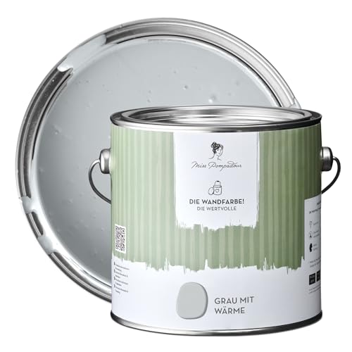 MissPompadour edelmatte Wandfarbe Grau mit Wärme 2,5L - sehr hohe Deckkraft - geruchsneutrale, spritzfreie Farbe - atmungsaktive, wasserbasierte Innenfarbe/Deckenfarbe - Die Wertvolle