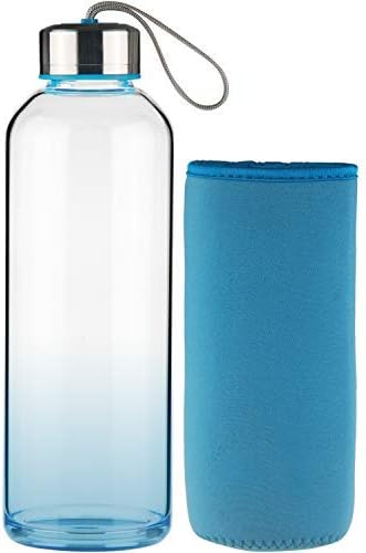 FCSDETAIL Sports Glass Water Bottle with Neoprene Sleeve 1000 ml Blue