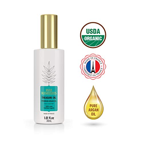 1001 Remedies Aceite de Argan Puro 100% Rico en Vitamina E Natural - Aceite de Argan Certificado Orgánico hidratante para el Pelo, Piel, Cuticulas Secas y Anti Estrias - Vegano y Prensado frío