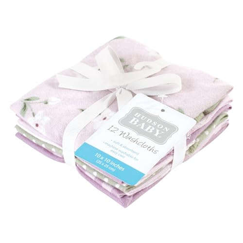 Image of Hudson Baby Unisex Baby Flannel Cotton Poly Washcloths, Purple Dainty Floral 12 Pack, One Size