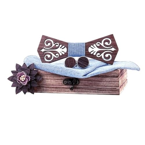 Noeud papillon en bois pré-noué ajustable pour homme avec mouchoir et boutons de manchette