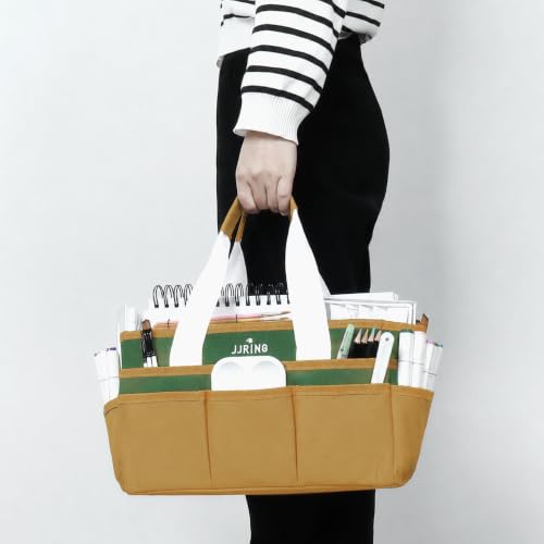 Image of JJRING Craft Organizer Tote Bag Art Storage Caddy Deep Green and Yellow | With Multiple Pockets For Sewing, Scrapbooking, School, Medical, And Office Supplies
