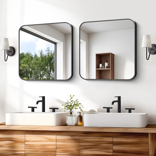 Image of Black Bathroom Mirror, 18 x 18 inch Square Mirrors for Wall, Metal Frame Rounded Corner Vanity Mirror for Over Sinks Modern Bedroom Living Room Horizontal Or Vertical Mounting