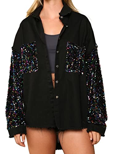 Womens Oversized Denim Jacket Sequin Sparkle Casual Long Sleeve Jean Jacket Coat