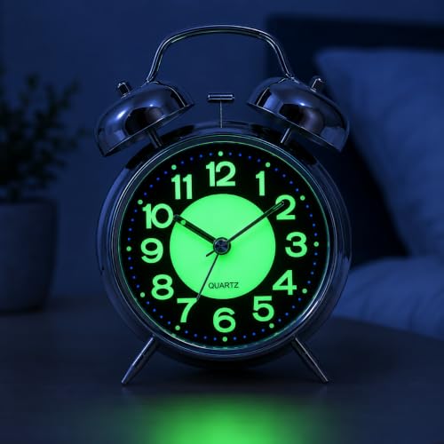 Image of RUCON Twin Bell Alarm Clock for Bedroom | Super Loud Analog Alarm Clock for Heavy Sleepers | Night Light | Metal Table Clock for Home, Office & Kids (Silver Luminous)