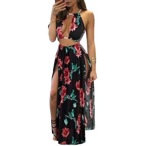 BIUBIU Women's Sexy Boho Floral Halter Summer Maxi Dress Beach Party Split Cover Up Swimsuit Outfit 2024 (Red Black,M) Cover