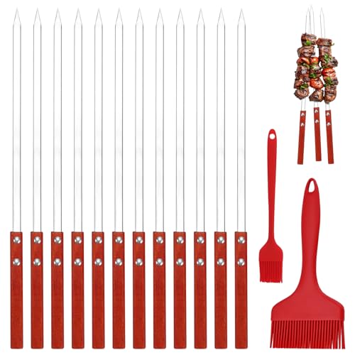 AROMUJOY Flache Schaschlikspieße Edelstahl, 12 Stück 40 cm Adana Spieße für Kabobs, Kebab Spieße mit Holzgriff zum Grillen, Grillspieße Wiederverwendbar 1cm Breit für Fleisch, Gemüse