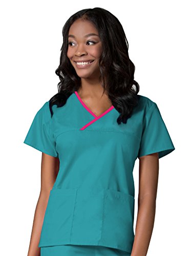 Maevn Women's Core Contrast Mock Wrap Top(Teal, Large)