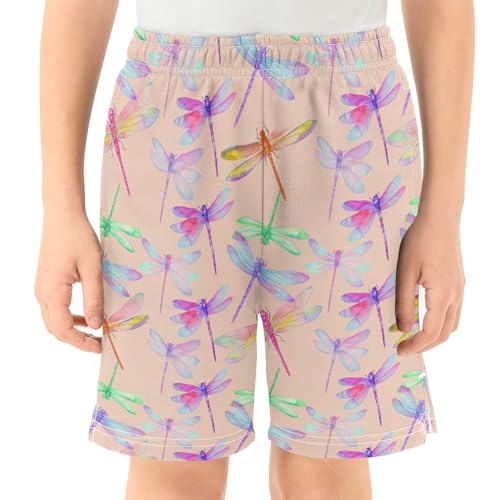 CHIFIGNO Dragonflies Pastel Rainbow Pull-On Boys Soccer Shorts Elastic Waist Kids Boys Vacation Outfits with Pockets XS2