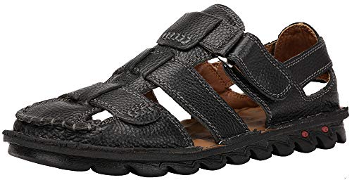 JIONS Closed Toe Leather Fisherman Sandals for Men Men's Casual Outdoor Adjustable Strap Summer Shoes (40/7.5 D(M) US, B/Black)