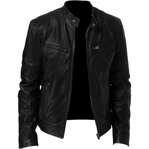 Men Slim Fit Motorcyle Leather Jacket Zip-Up Windbreaker Leather Jackets Lightweight PU Vintage Biker Coat