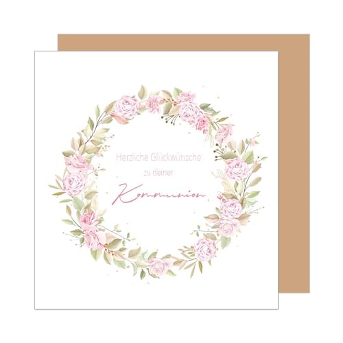 Edition Seidel Premium quadratische Glückwunschkarte zur Kommunion mit Umschlag. Kommunionskarte mit Spruch Karte Grußkarte Junge Mädchen Jugendliche Blumenkranz (KOQ110 SW025)