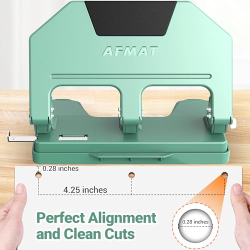 Image of AFMAT 3 Hole Punch, 9 /32 inch Holes, 40-Sheet 3 Hole Puncher for Binder, 50% Reduced Effort, Metal Heavy Duty Three Hole Punch w / 10,000+ Uses, Bulit-in S.S. Paper Guide, Large Chip Tray, Green, HPX3