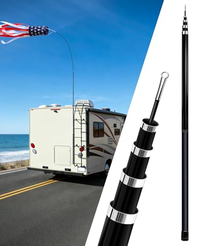 Telescoping Windsock Pole 15 FT 5-Section Heavy Duty Fiberglass Wind Sock with Reinforced Twist-to-tighten Portable Wind Direction Pole for RV Dock Garden Decor Bird Deterrent Easy Assembly
