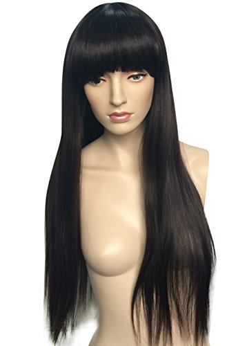 Namecute Light Black Wig Extra Long Straight Wig Neat Bangs Cosplay Anime Wigs + Free Wig Cap