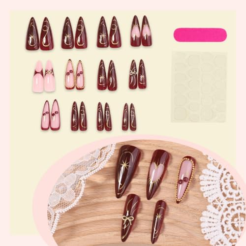 Image of Red Press on Nails Long Stiletto Fake Nails Bow Charm with Gold Design Heart Glue on Nail Glossy Full Cover Valentines Stick on Nail for Women Manicure DIY Decoration 24Pcs