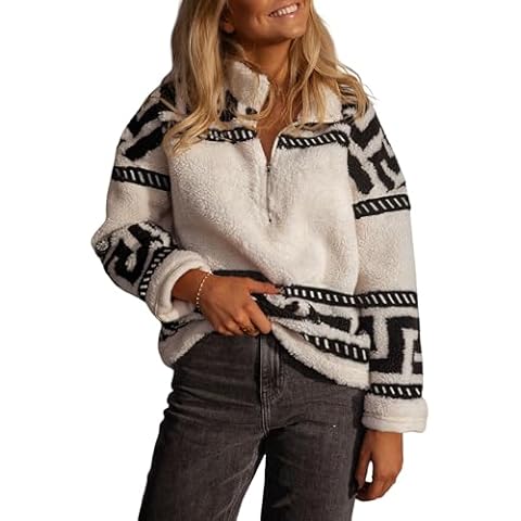 Qiaomai Womens Half Zip Sherpa Fleece Pullover Fuzzy Printed Long Sleeve Sweatshirt Sweater Jackets (Beige-XS) Cover
