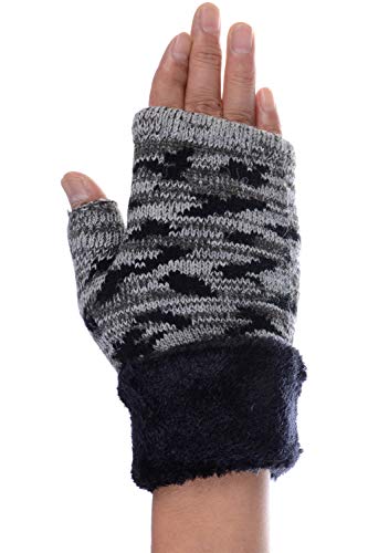 LL- Winter Knit Fingerless Fashion Gloves Fleece Lined Assorted Patterns and Colors (Black Camo)