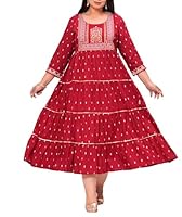 LABULY Designer Jaipuri Rayon Printed with Gota Work Anarkali Kurti for Women Plus Size - Red