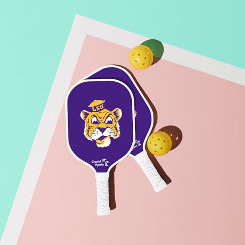 Image of LSU Pickleball Paddle | Officially Licensed Collegiate Pickleball Paddle | Honeycomb Polymer Core | Graphite Face | Premium Leather Grip | Lightweight