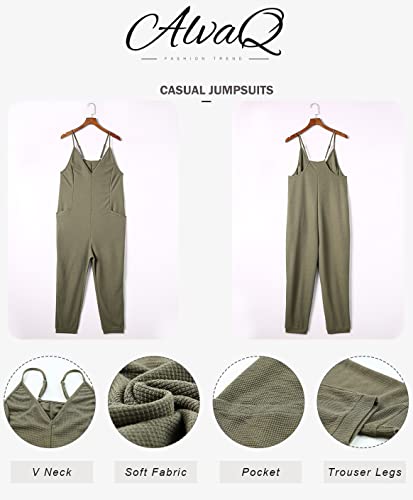 Alvaq Casual Green Jumpsuits For Women Dressy Sleeveless Adjustable Spaghetti Strap Loose Solid One Piece Long Pant Romper Jumpsuit With Pockets Medium #TOP5