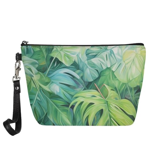 Glomenade Green Monstera Deliciosa Pattern PU Leather Makeup Bag Travel Cosmetic Storage Pouch Shopping Casual Clutch Bag
