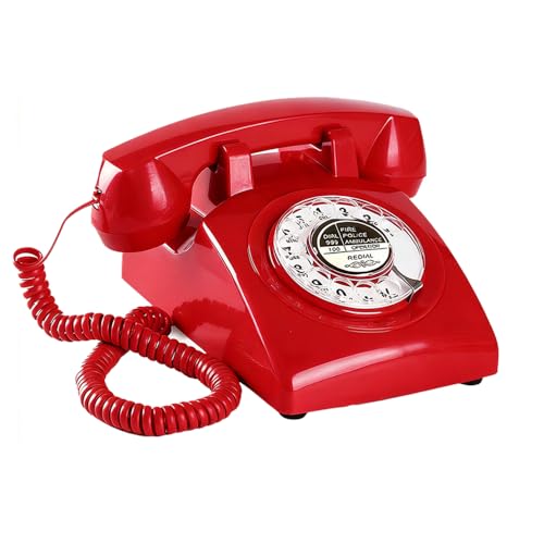 Red Retro Rotary Phone with Redial, Updated Antique 1960s Telephone(Removable Cord), Old Fashioned Rotary Dial Telephone (Ringer High/Off), Retro Photo Shoot Prop, Vintage Landline Phone for Home