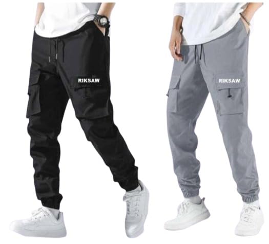 riksaw Men's Cargo Polyester Pants for Men || Regular Fit Mid Rise Cargo Joggers Solid Pants (Pack of 2) (CG_01 Combo)-picture-11