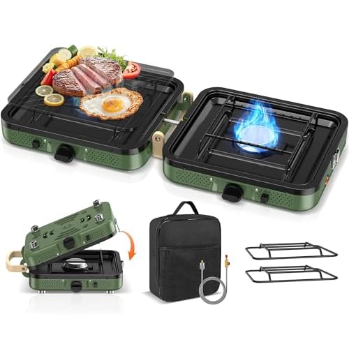 KLYZOXO Camping Gas Stove 2 Burner, Foldable Portable Camp Stove with Adjustable Burners, Piezo Ignition, Compatible with Isobutane Fuel Mix/Screw-On Canister, Outdoor Cooking (Griddle Not Included)