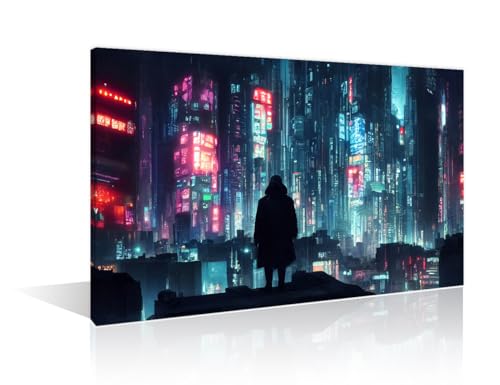 Arte de pared futurista para salones modernos: lienzo de ciudad cyberpunk enmarcado de 12x18"