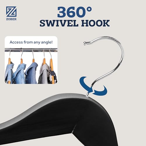 ZOBER Black Wooden Hangers - Heavy Duty, Non Slip Wood Hangers for Coats, Jackets, Suits, & Pants - Coat Hangers for Closet W/Bar and Notches 20 Pack